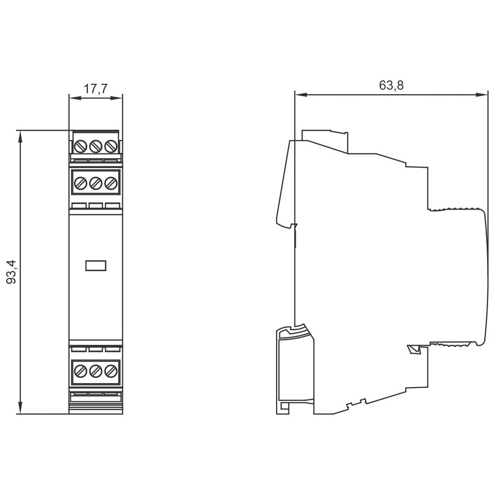 Ein technisches Diagramm zeigt die Seiten- und Vorderansicht eines elektronischen Schaltgeräts mit Abmessungen von 17,7 mm x 93,4 mm.