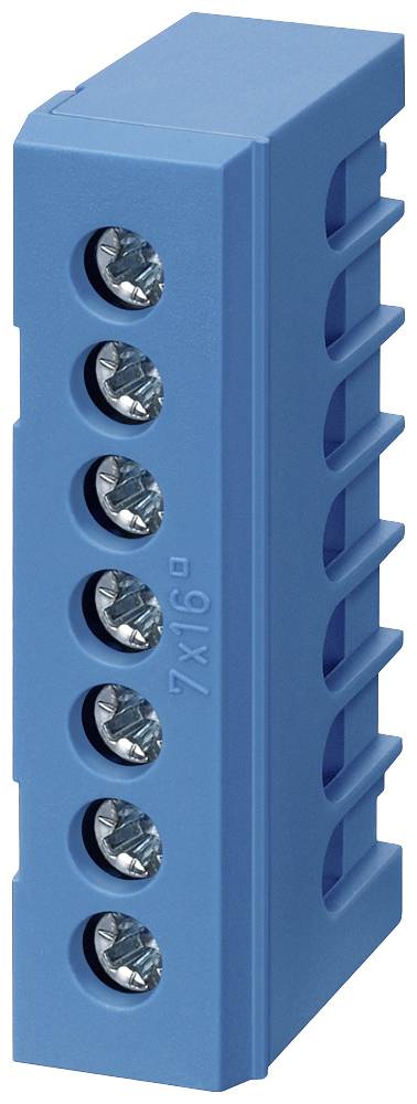 Blaues elektrisches Steckverbindungselement mit sieben silbernen Schraubklemmen, vertikal angeordnet.