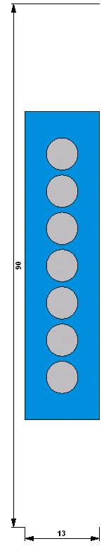 Längliches Diagramm zeigt blauen Bereich mit sechs grauen Kreisen in einer vertikalen Reihe. Maße: Breite 13, Höhe 'B'.