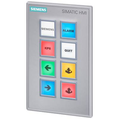 Tafel mit sieben farbigen Tasten und Siemens-Logo: 'SIEMENS', 'ALARM', 'KP8', 'QUIT', Pfeile links, runter; rote durchgestrichene Kiste.