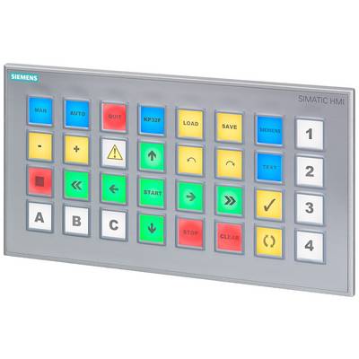 Tastaturfeld eines SIMATIC HMI-Geräts von Siemens mit farbigen Tasten, die verschiedene Funktionen und Steuerungsoptionen anzeigen.