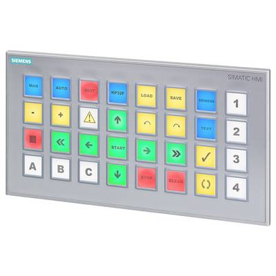 Steuerungspanel mit Tasten für 'MAN', 'AUTO', 'QUIT', numerische Eingaben und Funktionen wie 'START' und 'SAVE' von Siemens Simatic HMI.