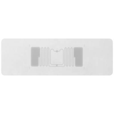 Ein RFID-Etikett auf weißem Hintergrund. Es zeigt eine schlanke, rechteckige Form mit Antennenstruktur und einem kleinen Chip in der Mitte.