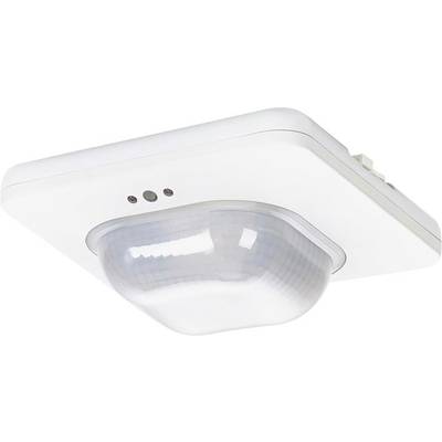 Ein weißer, quadratischer Bewegungsmelder mit abgerundetem transparenten Kuppel-Sensor, montiert an einer Deckenplatte.