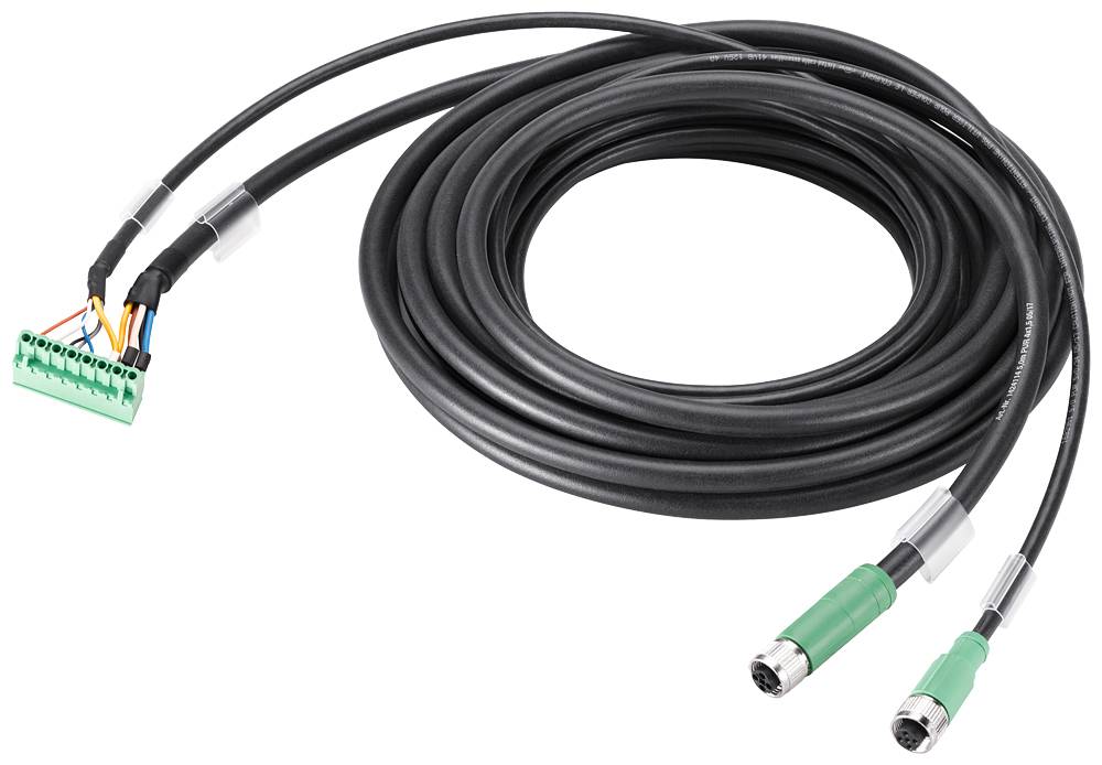 Ein langes schwarzes Kabel mit offenen Drahtenden auf der einen Seite und zwei grünen Steckverbindern auf der anderen Seite.