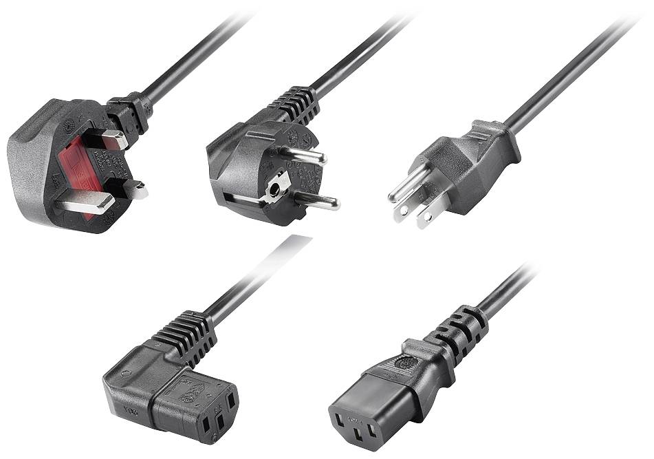 Fünf verschiedene Stromnetzkabel-Sorten mit unterschiedlichen Steckertypen werden dargestellt: UK, EU, US und zwei IEC-Kabel.