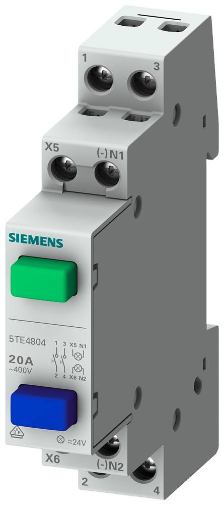 Elektrisches Schutzrelais von Siemens mit Modellnummer 5TE4804, geeignet für 20A, 400V Anwendungen. Enthält Kontrollleuchten.