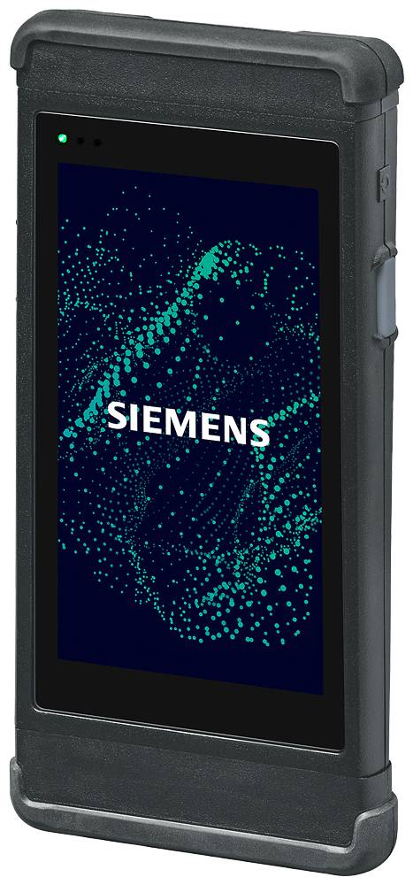 Schwarzes, rechteckiges Gerät mit Siemens-Logo auf dem Bildschirm. Hintergrund zeigt grüne, punktierte Linien in abstraktem Muster.