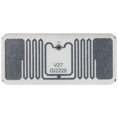 Ein RFID-Tag mit komplexem Schaltungsdesign und der Aufschrift 'V27 G1228' in der Mitte, wird zur elektronischen Identifizierung verwendet.