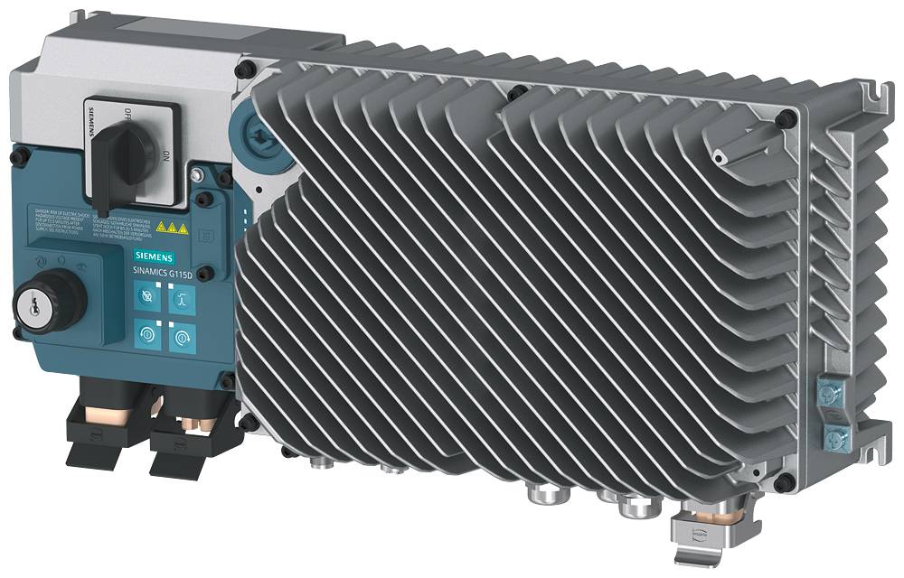 Industrie-Invertergerät von Siemens mit Kühlrippen und Bedienfeld, typischerweise verwendet zur Steuerung von Elektromotoren.