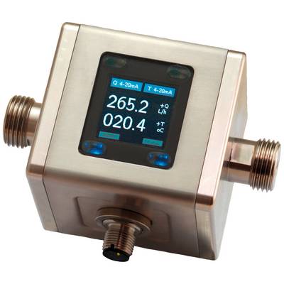 Ein quadratisches Metallgerät mit Display zeigt Flüssigkeitsdurchfluss 265,2 L/h und Temperatur 20,4 °C an.