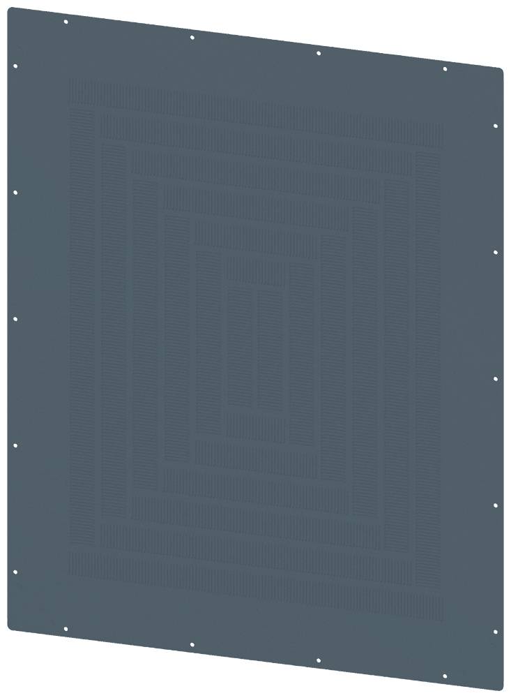 Graues rechteckiges Panel mit mehreren Lagen feiner Linien, in einem konzentrischen quadratischen Muster angeordnet.