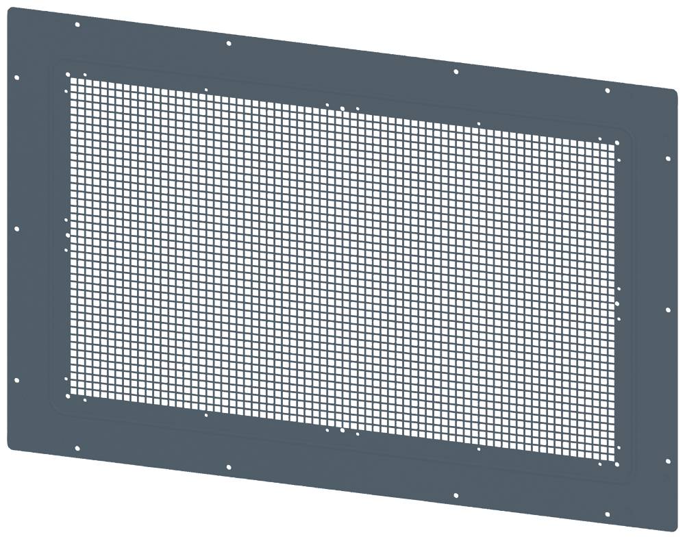 Abbildung eines rechteckigen Metallgitters mit kleinen quadratischen Öffnungen, umrahmt von einem dunklen Rand. Hauptsächlich ein technisches Bauteil.