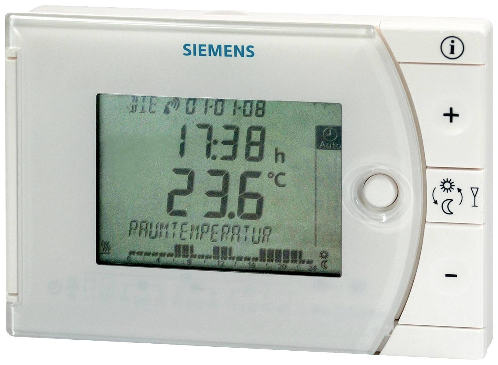 Ein digitales Thermostat zeigt '17:38 h' und '23,6°C Raumtemperatur'. Es hat Tasten für Einstellungen und Bedienungsanzeigen.