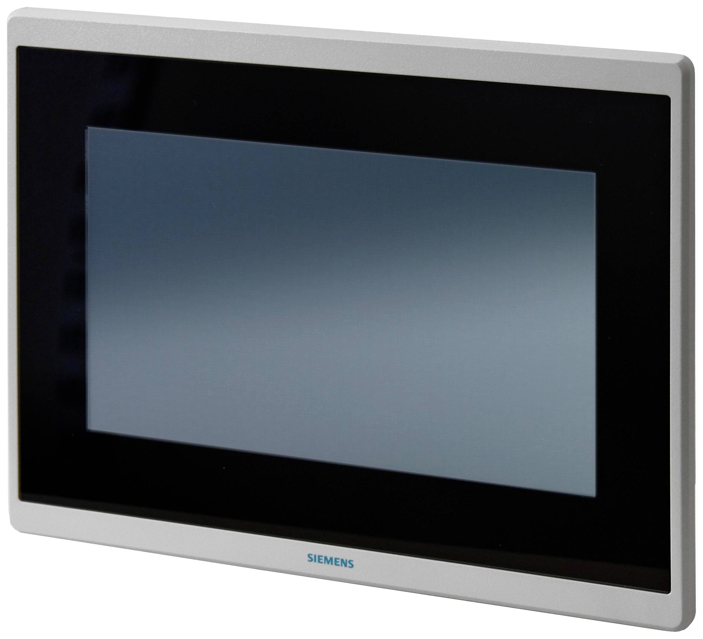 Ein Siemens-Touchscreen-Bedienfeld zeigt einen leeren blauen Bildschirm. Verwendet zur Steuerung in industriellen Anwendungen.