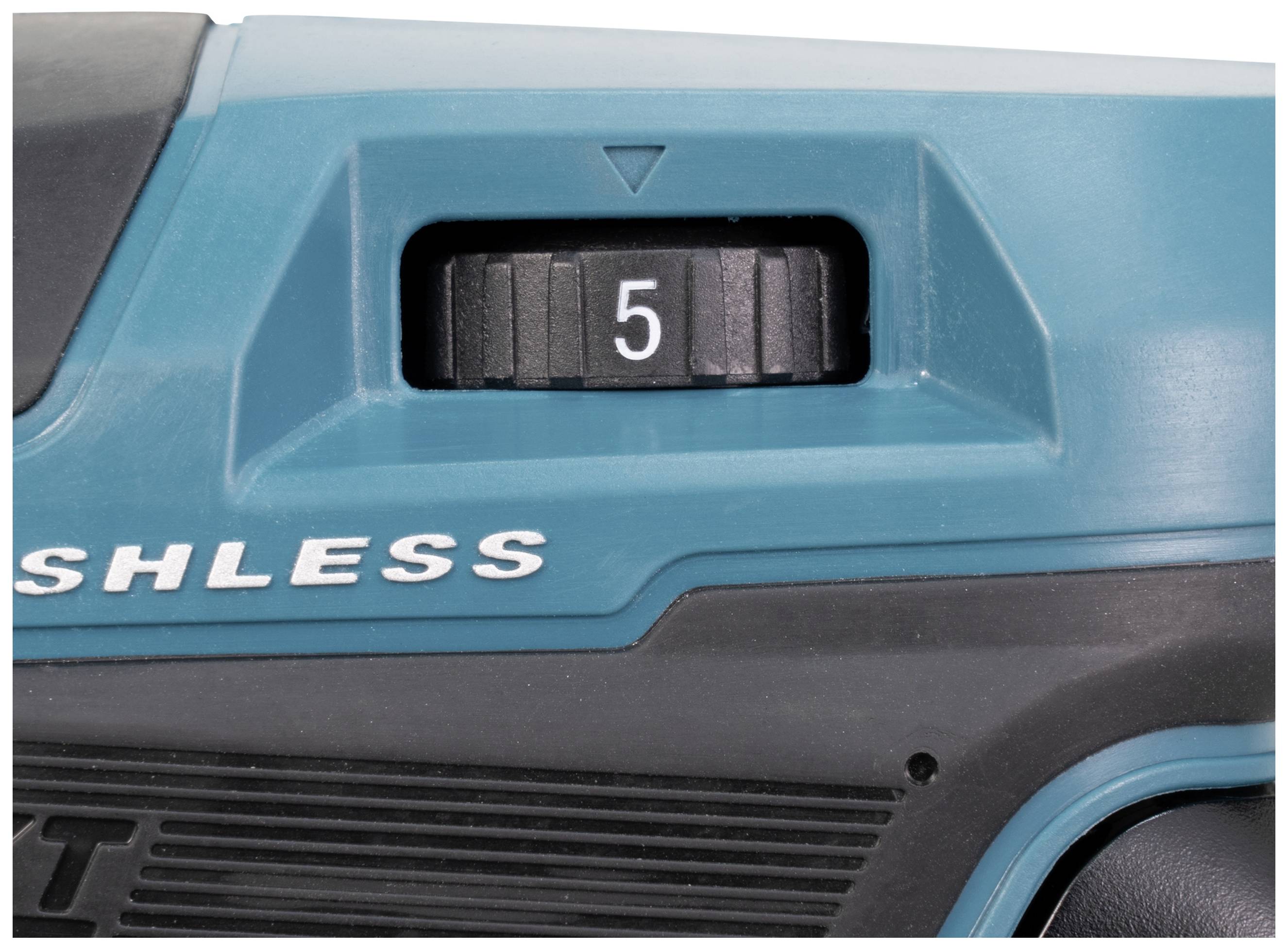 Nahaufnahme eines blauen Geräts mit einer schwarzen Wählscheibe, die auf '5' eingestellt ist. Daneben steht 'BRUSHLESS' in weißen Buchstaben.