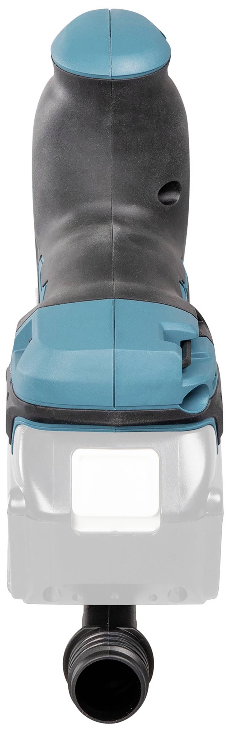 Ein blau-schwarzes Elektrowerkzeug, vermutlich eine Säge, mit ergonomischem Griff und schwarzem Kabelanschluss, von oben abgebildet.