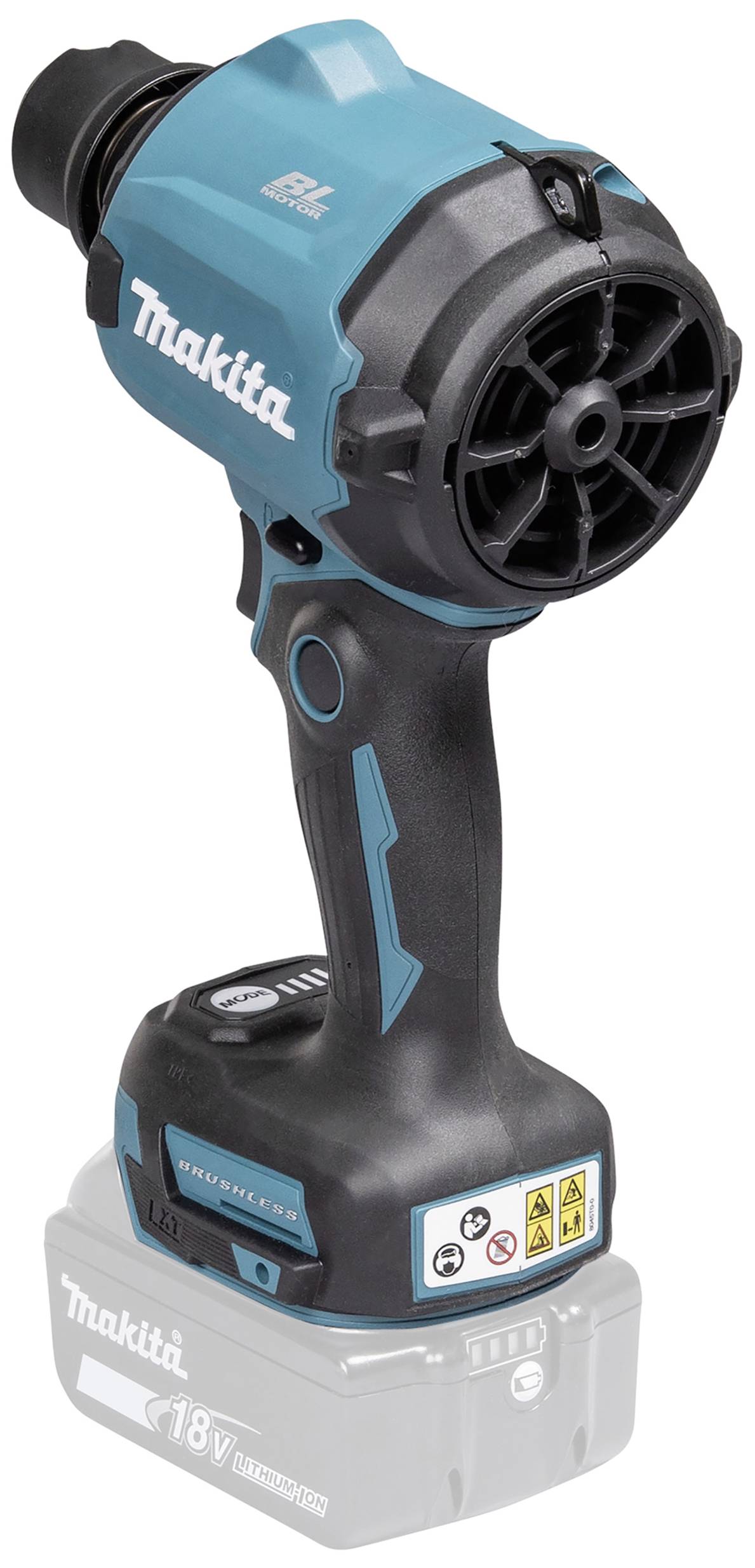 Ein blau-schwarzer elektrischer Gebläse, kabellos mit 18V-Akku von Makita. Hauptsächlich zum Reinigen oder Trocknen.