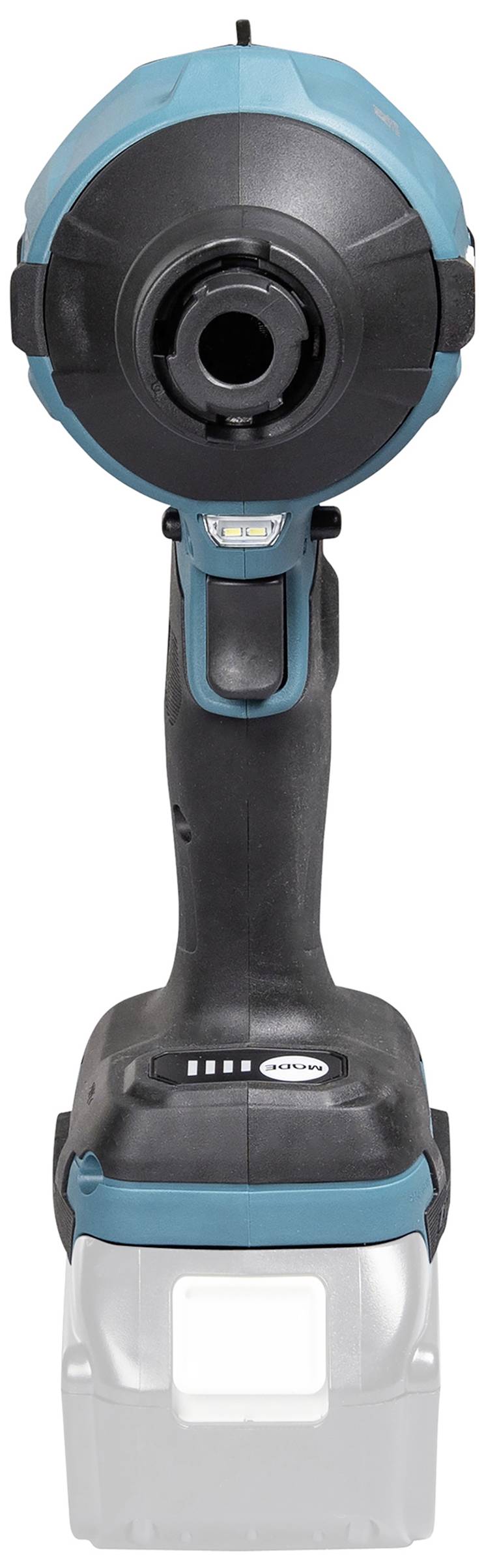 Ein blauer und schwarzer Akku-Schlagschrauber in Vorderansicht. Das Gerät hat einen ergonomischen Griff und eine leere Batteriefach.