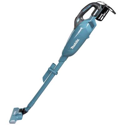 Akku-Staubsauger der Marke Makita in blauer Farbe. Der Staubsauger ist kompakt, mit einem langen Saugrohr und einem kleinen Zubehörfach.