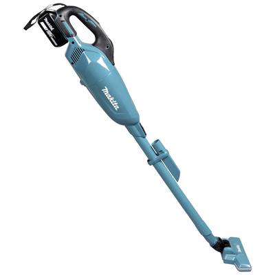 Ein blauer, kabelloser Handstaubsauger mit einem langen Griff und einer Bürstendüse, markiert mit 'Makita', zeigt sein kompaktes Design.