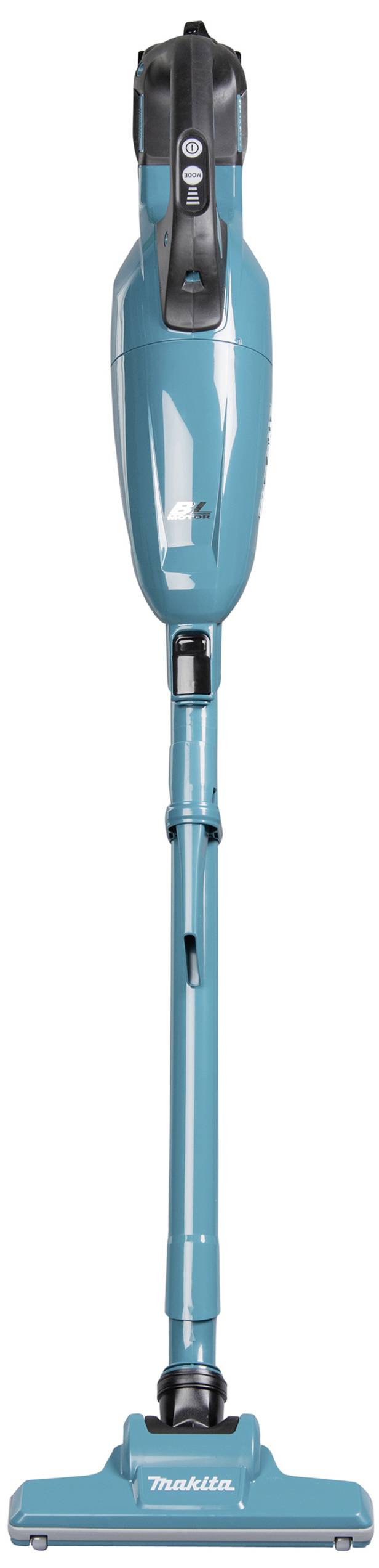 Akku-Staubsauger in Blau mit einem ergonomischen Griff und einer schmalen Düse. Markenname 'Makita' auf der Bodendüse sichtbar.