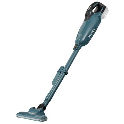 Ein blau-grüner, kabelloser Staubsauger von Makita mit einem abgewinkelten Griff und schmaler Bodendüse, stehend präsentiert.
