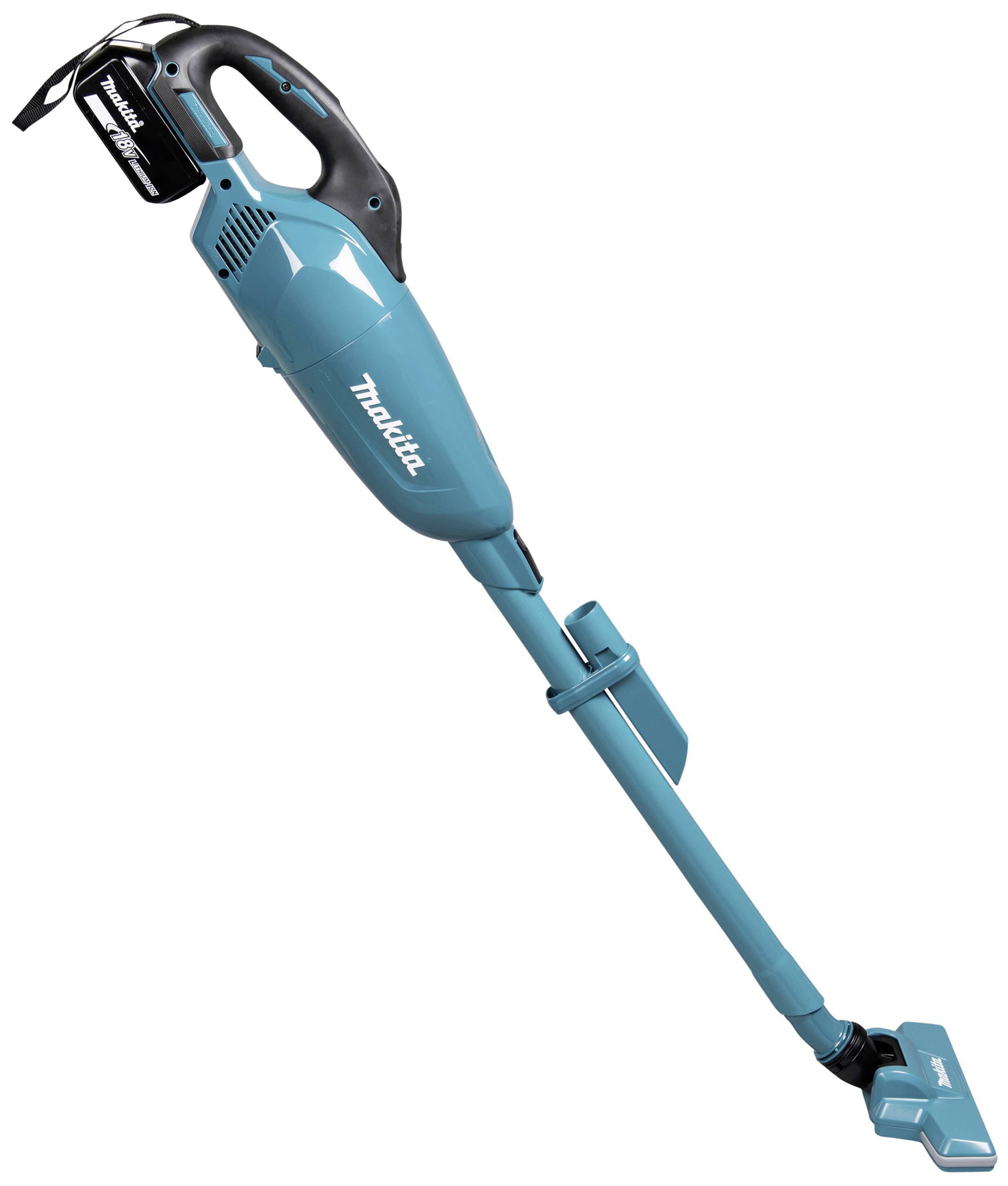 Ein türkisfarbener, kabelloser Staubsauger mit abnehmbarem Akku und ergonomischem Griff.