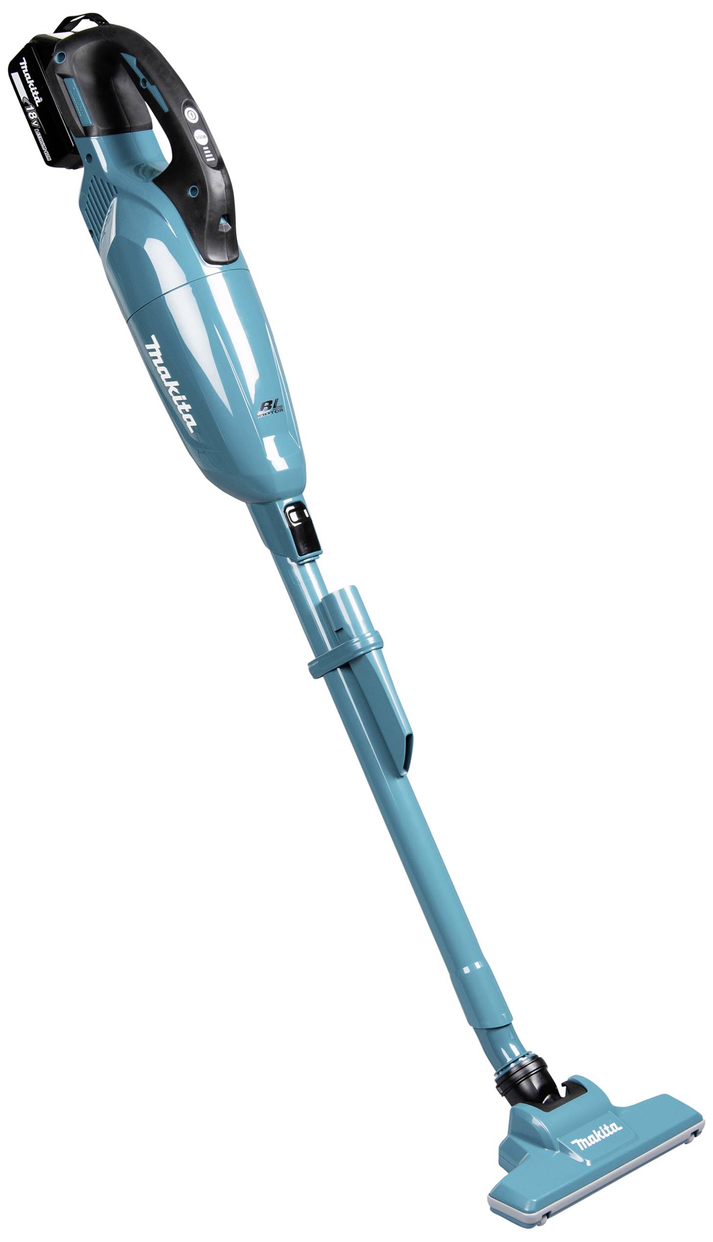 Kabelloser, türkisfarbener Stabstaubsauger mit schwarz abgesetztem Griff, kompakt und leichtes Design, ideal für flexible Reinigung.