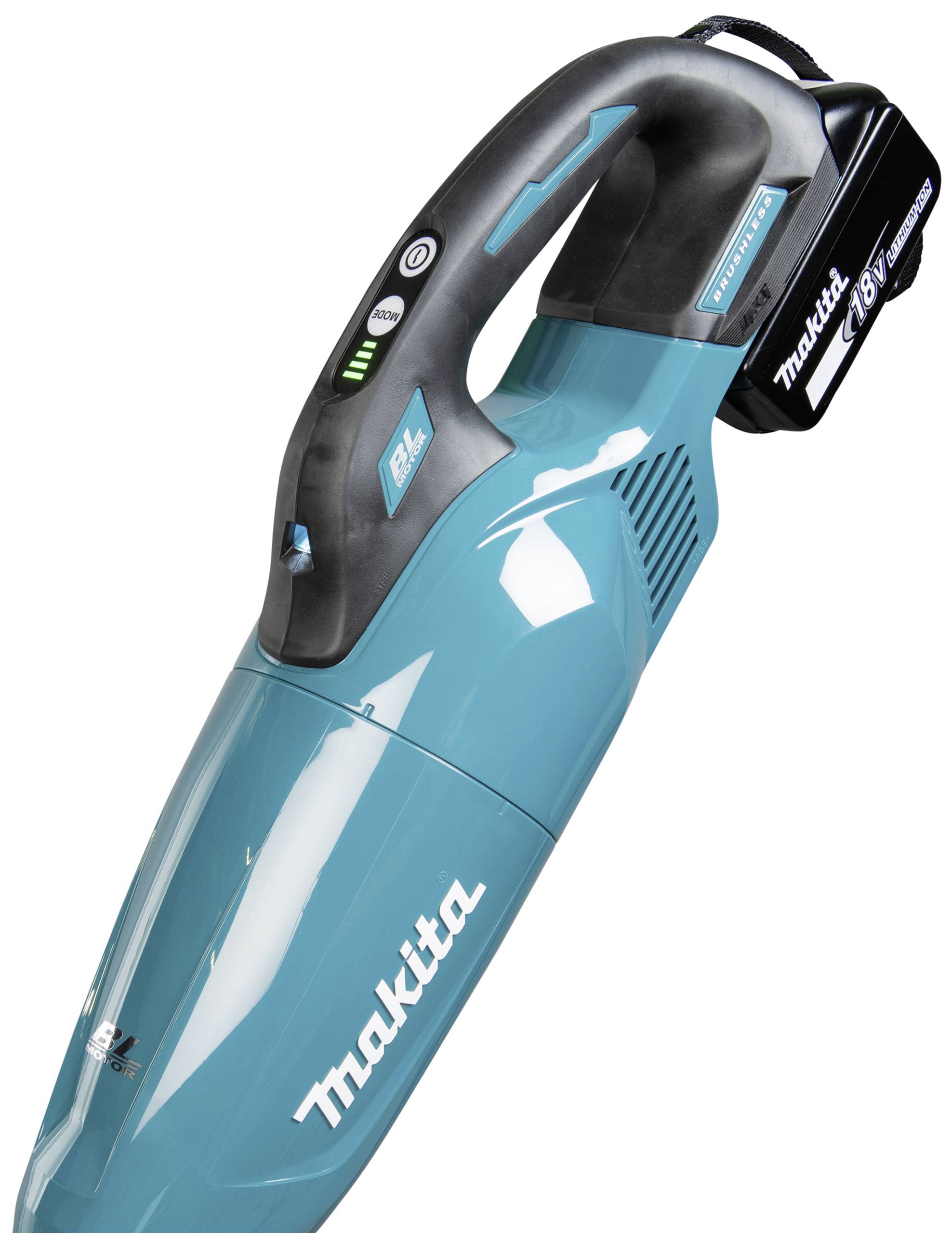 Kabelloser, blauer Handstaubsauger der Marke Makita mit ergonomischem Griff und aufgestecktem Akku.