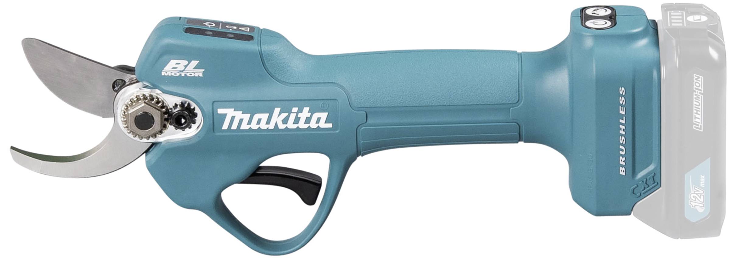 Ein kabelloses, blaues Makita-Akkuschneidegerät mit gebogenen Klingen und Griff. Markenname und Modellnummer sind sichtbar.