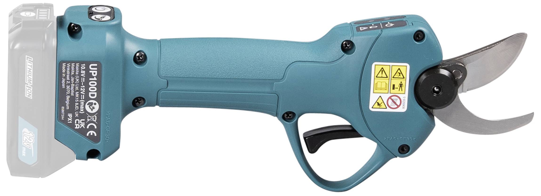 Elektrische Astschere mit blauem Griff, Sicherheits- und Warnsymbole auf dem Gehäuse, geeignet für Gartenarbeiten.