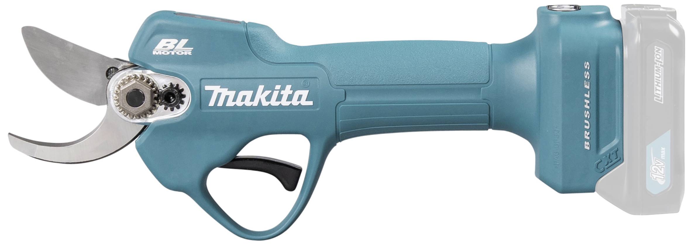 Elektrische Gartenschere in Türkis mit ergonomischem Griff und scharfen Klingen, geeignet für präzisen Pflanzenschnitt.