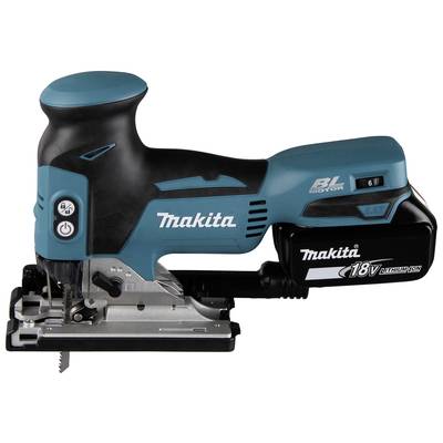 Eine blaue und schwarze kabellose Stichsäge von Makita mit einem 18V Lithium-Ionen-Akku, geeignet für präzise Schnitte in Holz.