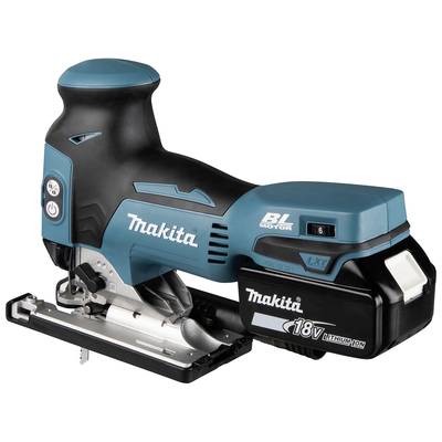 Schnurloser Akku-Stichsäge von Makita mit BL-Motor, dunkelblau-schwarz, 18V Lithium-Ionen-Batterie, geeignet für präzises Holzschneiden.