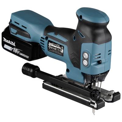 Eine blaue 18V Akku-Stichsäge mit ergonomischem Griff und Bedienelementen an der Seite.