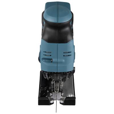 Eine elektrische Stichsäge mit blauem und schwarzem Gehäuse, von vorne gezeigt, mit sichtbarem Sägeblatt unten.