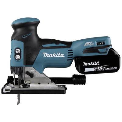 Eine blaue Akku-Stichsäge der Marke Makita mit einem 18V-Lithium-Ionen-Akku.