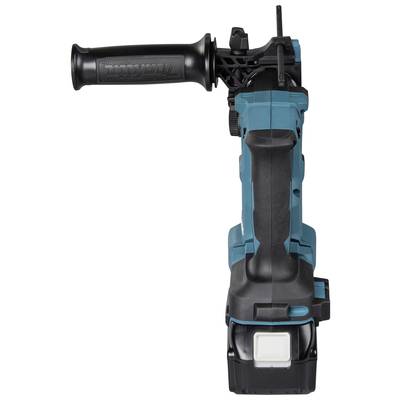 Ein blauer, kabelloser Bohrhammer mit schwarzem Griff und einem abnehmbaren Handgriff an der Seite, frontal aufgenommen.