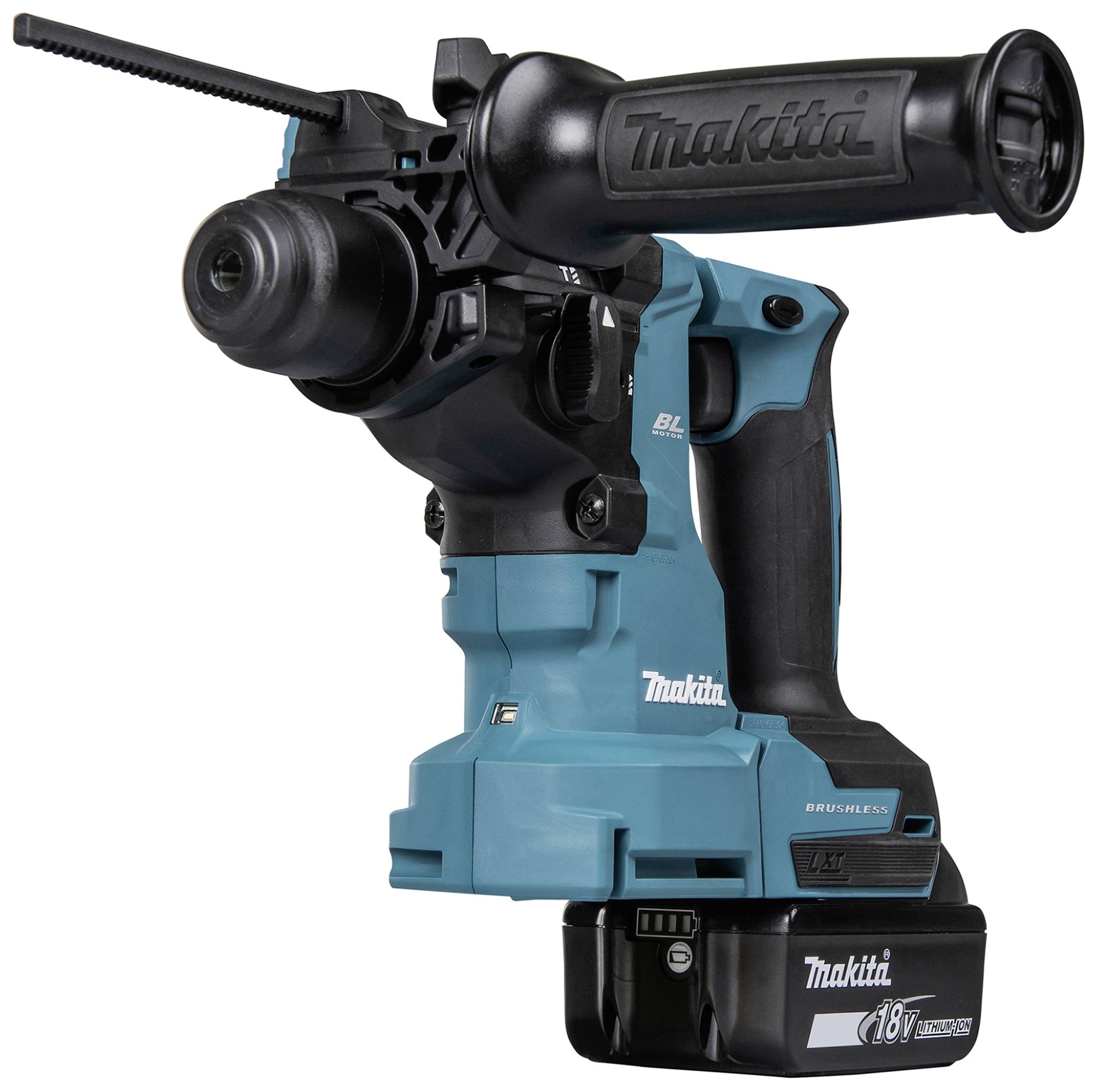 Ein kabelloser, blau-schwarzer Makita-Bohrhammer mit 18V-Akku und Zusatzgriff, geeignet für Bauarbeiten.