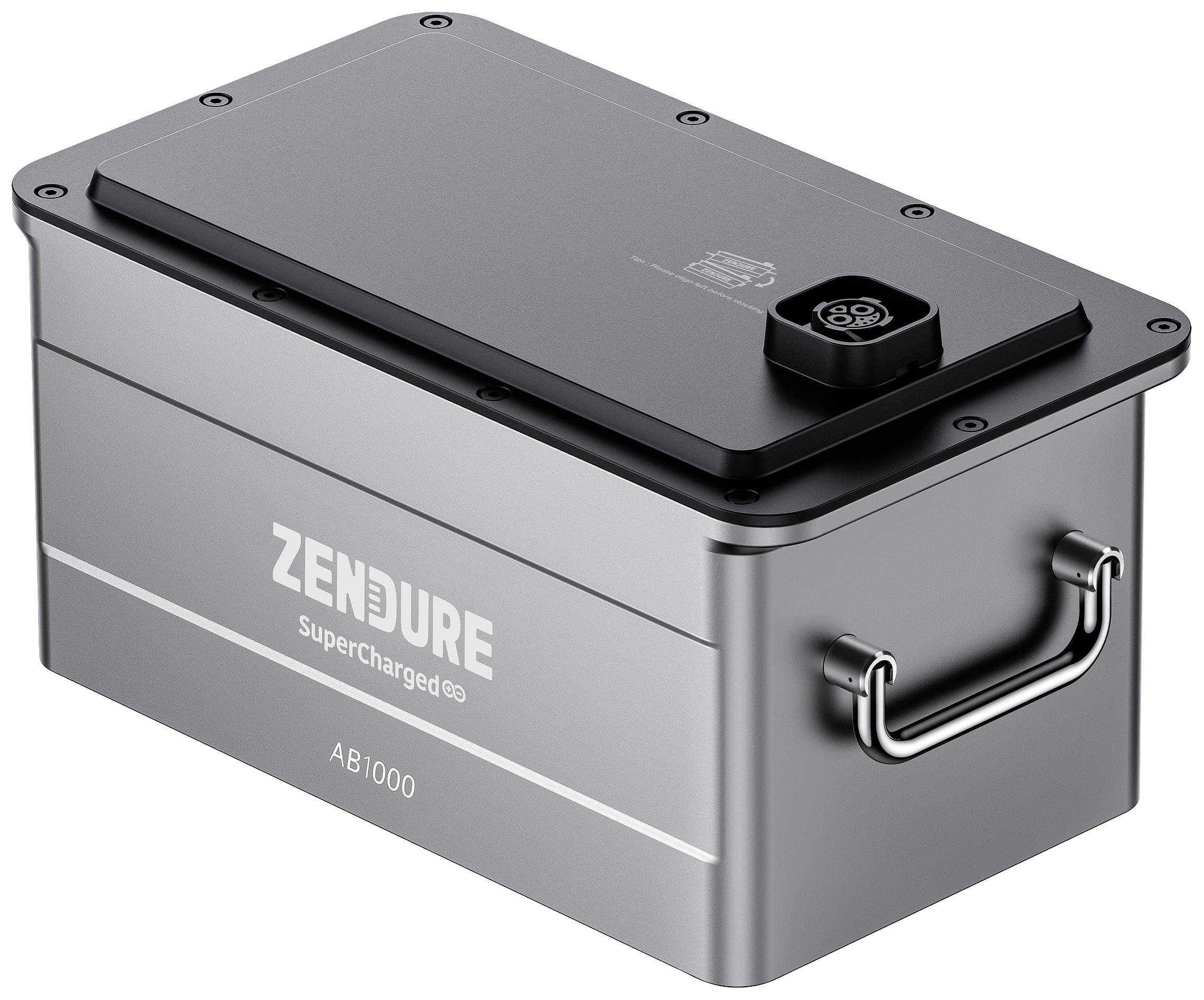 Eine silberne tragbare Batterie mit der Aufschrift 'Zendure SuperCharged AB1000' und einem Griff an der Seite, darauf ein Ladeanschluss.