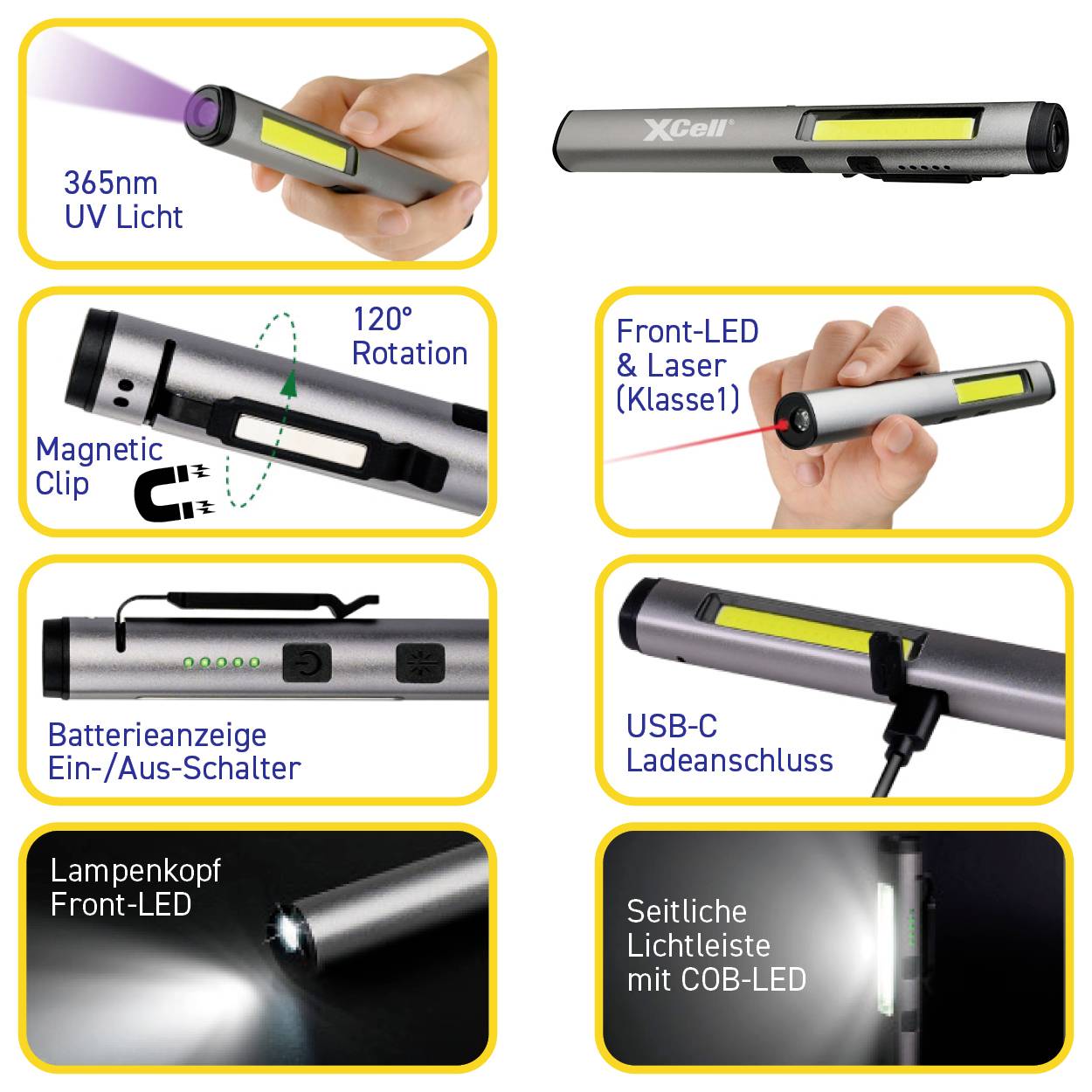 Ein multifunktionaler Stift mit UV-Licht, Front-LED, Laserfunktion, Magnetclip, Ladeanschluss und 120° rotierbarem Lampenkopf.