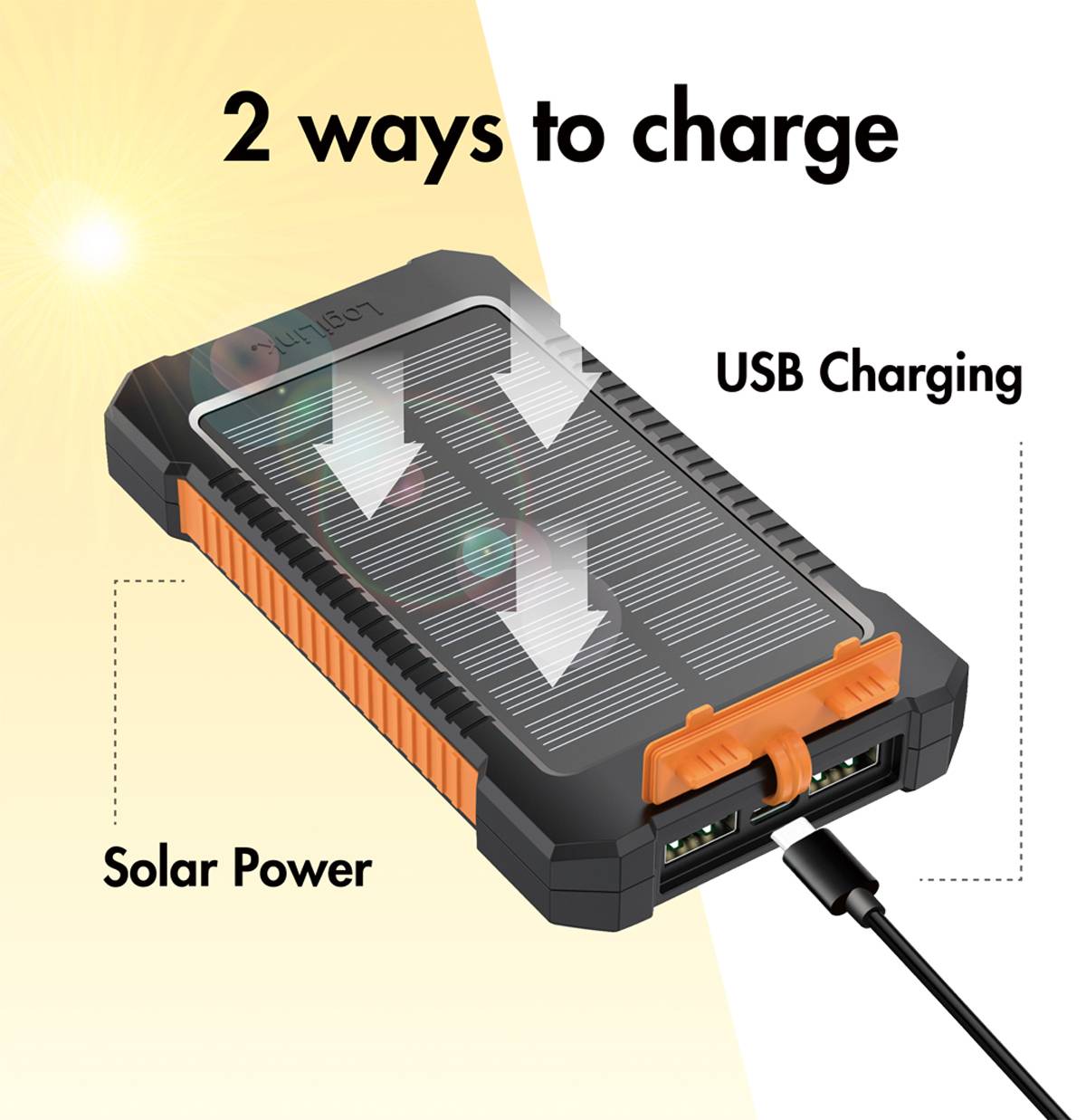 LogiLink Solar-Powerbank 8000 mAh, Taschenlampe, 2x USB-A, orange-schwarz-12