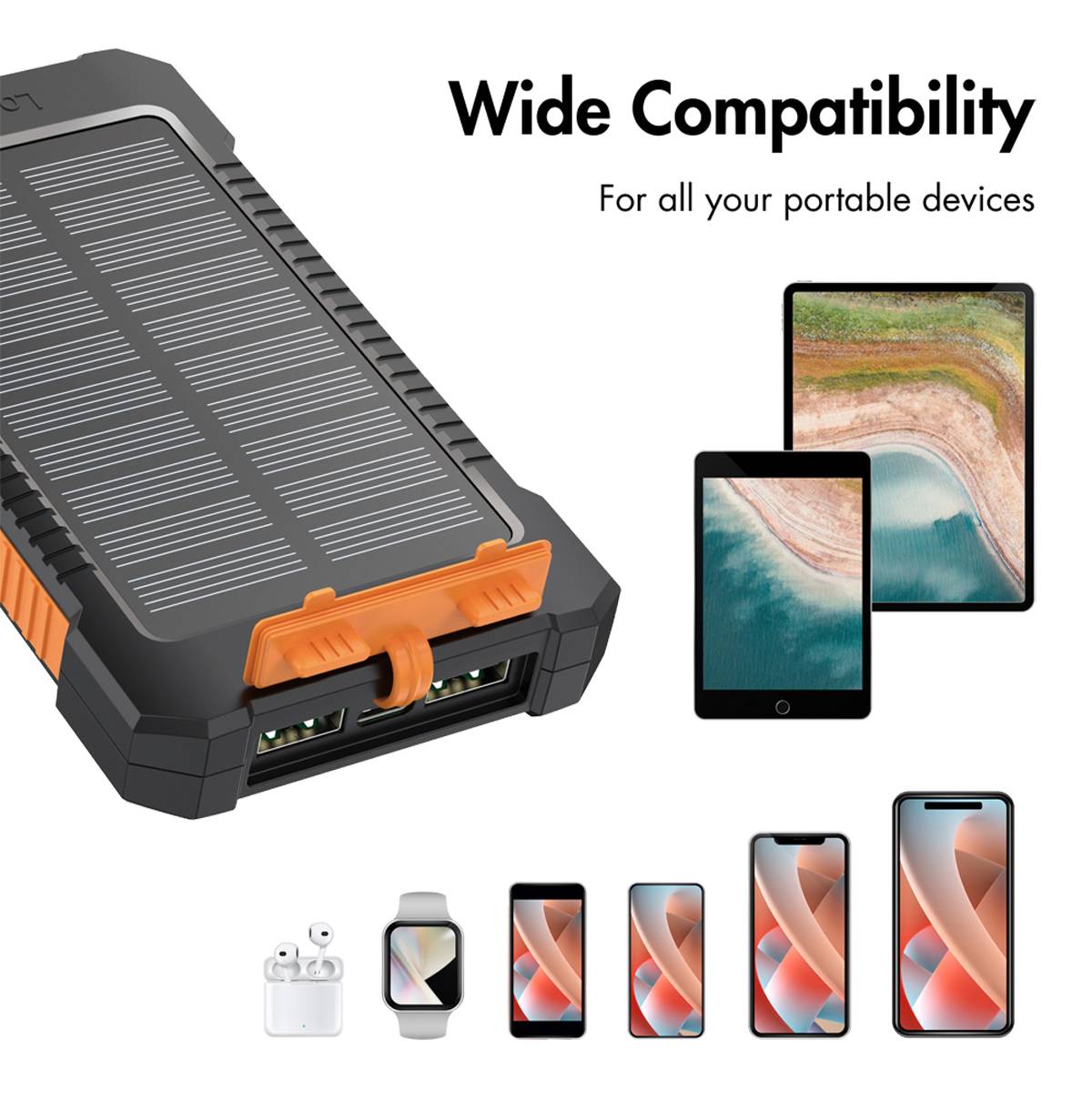 LogiLink Solar-Powerbank 8000 mAh, Taschenlampe, 2x USB-A, orange-schwarz-14