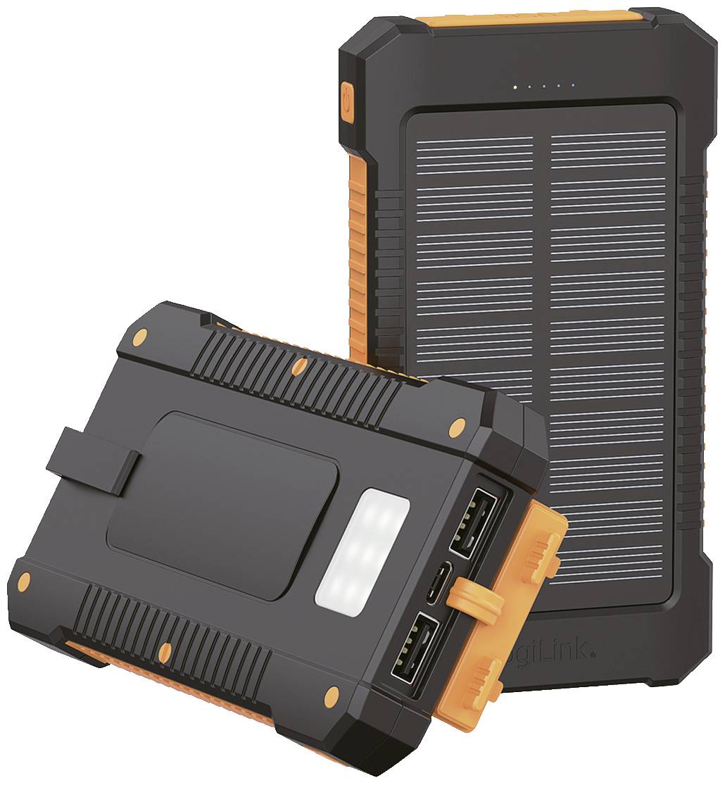 LogiLink Solar-Powerbank 8000 mAh, Taschenlampe, 2x USB-A, orange-schwarz-1