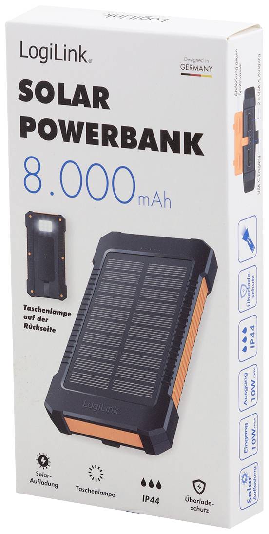 LogiLink Solar-Powerbank 8000 mAh, Taschenlampe, 2x USB-A, orange-schwarz-9