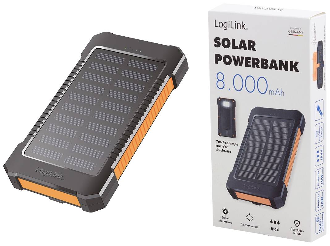 LogiLink Solar-Powerbank 8000 mAh, Taschenlampe, 2x USB-A, orange-schwarz-10