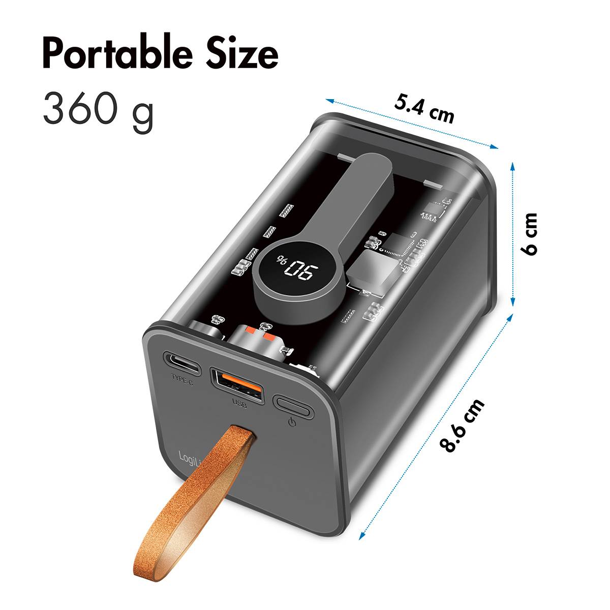 Kompakte Powerbank mit transparentem Gehäuse, LED-Anzeige, USB-Anschlüssen und Lederschlaufe. Maße: 5,4 cm x 8,6 cm x 6 cm, Gewicht: 360 g.