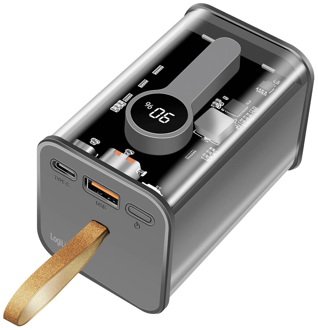 Transparente Powerbank mit sichtbarer Elektronik und schwarzem Gehäuse. Zeigt Ladezustand, USB-Anschlüsse und ein Lederband.