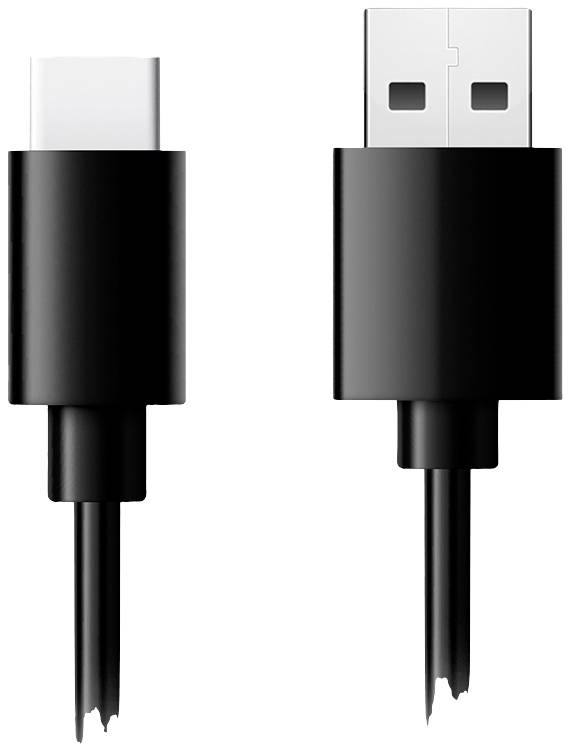 Zwei abgeschnittene Kabel: links ein USB-C- und rechts ein USB-A-Stecker, beide mit schwarzer Ummantelung.
